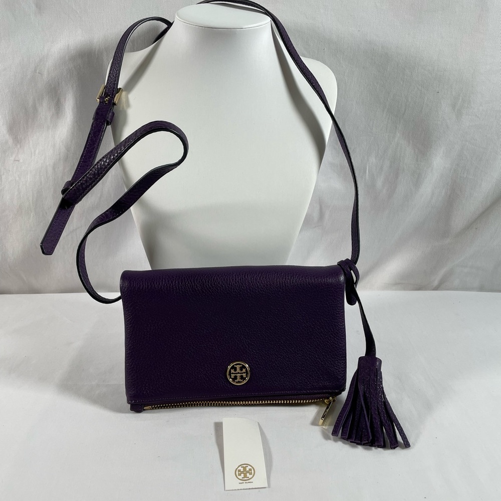 NWT Tory Burch Robinson Leather Foldover Crossbody Bag Purple w/Tassel